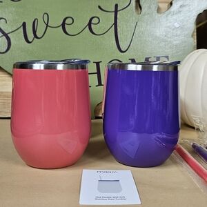 SET OF 4 Wine Tumblers Coral and Purple Stainless Steel 12oz